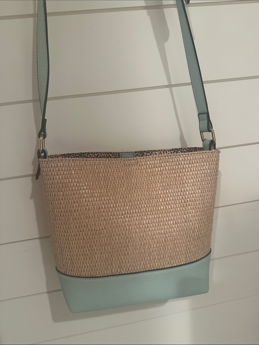 Woven Straw Bucket Crossbody Bag with Mint Trim